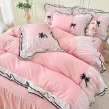 Popxstar Kawaii Seersucker Bedding Set For Girls Princess Bow Ruffle Lace Bed Skirt Skin-Friendly Solid Color Duvet Cover Sets Queen King