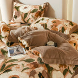 Flower Winter 4pcs Bedding Sets Fleece Warm Quilt Cover Bedspread for Women Bedroom Thickened and Weighted