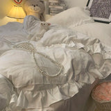 popxstar Blue Four-piece Set Celebrity Princess Style Ruffled Quilt Cover Bed Skirt Style Solid Color Three-piece Bedding Set