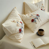 Popxstar  Flowers Towel Embroidery Bedding Set 100% Cotton Brushed Single Queen King Size Duvet Cover Flat/Fitted Sheet Pillowcases 3/4Pc