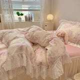 Popxstar 4Pcs Vintage Floral 100%Cotton Soft Bedding Set White Lace and Ruffle Comforter Cover Queen size(1Duvet+1Bedskirt+2Pillow shams)