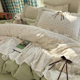 4Pcs Bedding Set Euro Princess Bedding Duvet Cover Cotton 100% Lace Bow Bed Linen With Ruffles Double Bed Lace Pillowcase