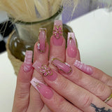 Popxstar 24Pcs Pure White French Press on Nails Long Square Head False Nails with Pearl Pink Bow Design Ballet Wearable Fake Nails