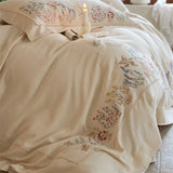 Popxstar  Natural Cotton Linen Vintage French Flowers Embroidery Luxury Bedding Set Duvet Cover Flat/Fitted Bed Sheet Pillowcases 4Pcs