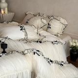 Popxstar  Romantic Lace Ruffles Bow Wedding Bedding Set 800TC Lyocell Silky Cooling Duvet Cover Flat/Fitted Bed Sheet Pillowcases 4Pcs
