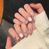 10pcs Crystal Cat Eye False Nails Colorful Mini Flower Fake Nails with Butterfly Design Elegant Press on Nails Short Square Nail