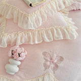 Popxstar  Butterfly Embroidery Lace Ruffles Princess Bedding Set Warm Velvet Duvet Cover Bed Sheet/Bed Skirt/Fitted Sheet Pillowcases 4Pcs