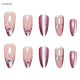 Popxstar  Pink Purple Almond French Fake Nails 24Pcs Glossy Cat's Eyes Press On Nails Bowknot Decor Reusable False Nails Art for Manicure
