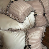 Popxstar  Romantic Lace Ruffles Bow Wedding Bedding Set 800TC Lyocell Silky Cooling Duvet Cover Flat/Fitted Bed Sheet Pillowcases 4Pcs
