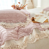 Popxstar  Natural Cotton Linen French Lace Soft Comfortable Quilted Bedspread, Bed Cover, Mattress Topper, Bed Sheet, Pillowcases 3Pcs