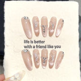 Popxstar  10pcs Nude Handmade Press on Nails Tip Spring Cat's Eye French Rhinestone Oval Fake Nail Simple Butterfly False Nail Reusable