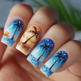Popxstar  24pcs Colorful Fake Nails Press on Sets Summer Seaside Pattern Design Full Cover Nails Tips Datachable False Nail Art Finished