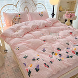 3/4Pcs Bedding Set 3D Floral Embroidered Towel-Stitch Puff-Quilted Red Duvet Cover Muslin Bedding Bed Sheets With Pillowcase