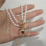 Popxstar Kpop Vintage Baroque Red Crystal Heart Pendant Pearl Chain Necklace For Women Jewelry Wedding Christmas Gift Y2K Accessories
