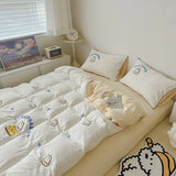 Cute Bread Rabbit Embroidery Bedding Set Lovely Cartoon Single Double Duvet Cover Set Soft Skin-friendly Quilt Cover Pillowcases