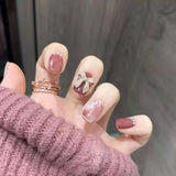 Popxstar  24pcs Wine Red Full Cover Nail Tips Cat's Eye Short Square False Nails with Flower Design Fake Nail Golden Lines Press on Nails