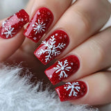Popxstar  24pcs Christmas Short Square False Nails Press on Snowflake Pattern Design Nails Simple Red Fake Nail Tips Wave Lines Manicure