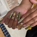 Popxstar 24Pcs Ballet Nails Set Press on Green Flower Deisgn Long Square Head False Nails with Rhinestone Wearable Full Cover Fake Nail