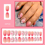Popxstar  Blush Pink False Nails 24Pcs Short Round Head Press On Nails Floral Printed Summer DIY Manicure Full Cover Acrylic Fake Nails