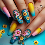 Popxstar  24pcs Mid-length Ballet Press on Nails Sets Wearable Finished Blue Smudge Design False Nail Butterfly Flower Full Cover Nail Tip