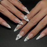 Popxstar 24pcs Simple Long Fake Nails Press on White French Almond False Nails Tips Pearl Bow Design Full Cover Nail Datachable Manicure