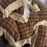 Popxstar  Vintage Plaid Flowers Lace Ruffles Bedding Set 100% Cotton Double Layer Yarn Duvet Cover Flat/Fitted Bed Sheet Pillowcases 4Pcs