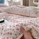 Popxstar INS Girls Cherry Soft Bedding Set Washed Cotton Bed Sheet Queen King Size Duvet Set Flower Comforter Set Pillowcase Bed Linens