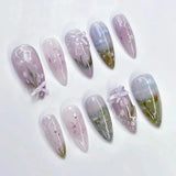 Popxstar 24Pcs Pink Almond False Nails Butterfly Ballet with French Design Wearable Fake Nails Simple Artificial Press on Nails Tips Art