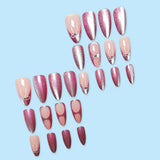 Popxstar  Pink Purple Almond French Fake Nails 24Pcs Glossy Cat's Eyes Press On Nails Bowknot Decor Reusable False Nails Art for Manicure