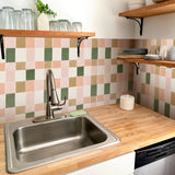 Popxstar  1set 10pcs Retro Pink&Green Vinyl Tile Peel&Stick Kitchen and Bathroom Backsplash Panel,Stairs,Removable Friendly Renter Sticker