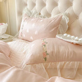Popxstar  4Pcs Pure Cotton French Flowers Lace Ruffles Princess Wedding Bedding Set Duvet Cover Quilted Bedspread Bed Skirt Pillowcases