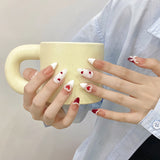 Popxstar  10Pcs French Almond Handmade Press on Nails Fake Nails with Cherry Pattern Wearable Stick-on Nails False Nail