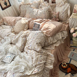 Popxstar 3/4Pcs Korean Princess Style Floral Ruffles Bedding Set Skin-friendly Soft Duvet Cover Set Bed Sheet Or Bed Skirt Pillowcases
