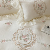 Popxstar  4Pcs Korean Princess Style Bedding Set Rose Flowers Embroidery French Lace Ruffles Milk Velvet Duvet Cover Bed Sheet Pillowcases