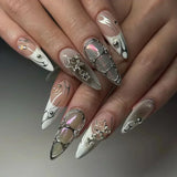 Popxstar 24pcs Silver Almond False Nails Oval Decorated Cloud Milk Wearable Fake Nails Short Press On Nail Coffin Detachable French Tips