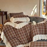 Popxstar  Vintage Plaid Flowers Lace Ruffles Bedding Set 100% Cotton Double Layer Yarn Duvet Cover Flat/Fitted Bed Sheet Pillowcases 4Pcs
