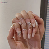 Popxstar  French Fake Nails Stick-on Long Ballet Pink False Nails with Rhinestone Designs Full Cover Acrylic Press on Nails for Women Girl