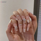 Popxstar  French Fake Nails Stick-on Long Ballet Pink False Nails with Rhinestone Designs Full Cover Acrylic Press on Nails for Women Girl