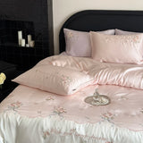 Popxstar  600TC Lyocell Bamboo Fiber Soft Silky Bedding Set Pink Flowers Embroidery Duvet Cover Flat/Fitted Bed Sheet Pillowcases 3/4Pcs