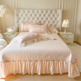 Popxstar  4Pcs Pure Cotton French Flowers Lace Ruffles Princess Wedding Bedding Set Duvet Cover Quilted Bedspread Bed Skirt Pillowcases