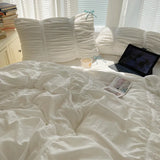 Solid Color Pleated Textured Soft Breathable Chic Princess 4pcs Bedding Set, Delicate Bows Twin Duvet cover Bed sheet Pillowcase