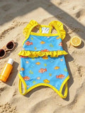 Fish Print Ruffle Trim Pet Bikini Swimsuit Cooling Sun Protection Summer Outdoor Beach For Small Medium Dogs Cats Puppies
