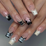 Popxstar 24Pcs Short Ballet False Nails with Bow Design White French Press on Nails Wearable Square Head Full Cover Fake Nail Manicure