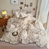 Popxstar Korean Style Floral Ruffles Knitted Double Yarn Bedding Set Double King Queen Size Duvet Cover Flat/Fitted Bed Sheet Pillowcases