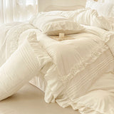 Popxstar Korean Princess Style Lace Ruffles Bedding Set Solid Color Duvet Cover Set Flat/Fitted Bed Sheet Pillowcases With Pillowcases