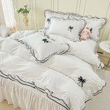 Popxstar Kawaii Seersucker Bedding Set For Girls Princess Bow Ruffle Lace Bed Skirt Skin-Friendly Solid Color Duvet Cover Sets Queen King