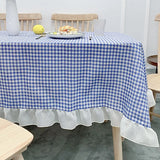 Blue White Plaid Ruffle Tablecloth Cotton Linen Dining Table Cover for Kitchen Party Wedding Home Decor Rectangular Table Cloth