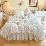 Popxstar  4Pcs White Korean Princess Style 100% Cotton Bedding Set Double Layer Lace Ruffles Duver Cover Bed Skirt Bedspread Pillowcases