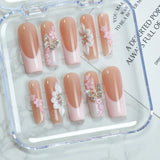 Popxstar  10pcs Handmade Fake Nails Art Flower Butterfly Design False Nail Tips Pink French Long Square Press on Nails Diamond Manicure