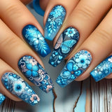 Popxstar  24pcs Mid-length Ballet Press on Nails Sets Wearable Finished Blue Smudge Design False Nail Butterfly Flower Full Cover Nail Tip